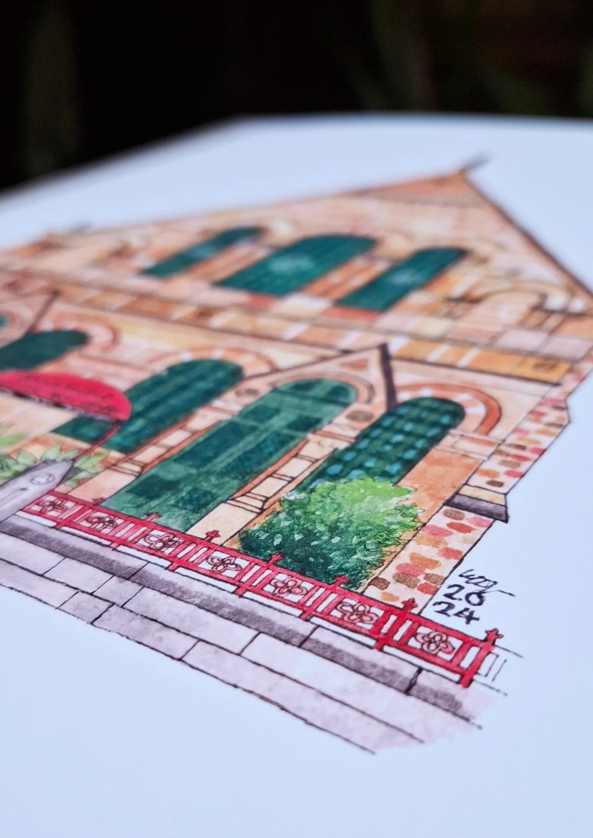 Close up of the print of ACAC illustration showing close up detail of the bush on the right side including front red fence.