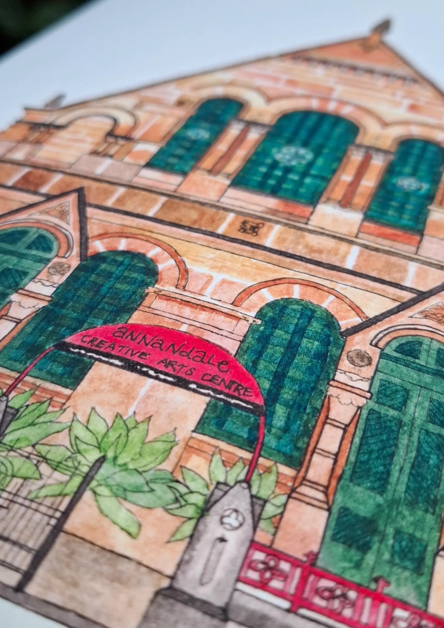 Close up of the print of ACAC illustration showing close up detail of iconic red sign at the front.