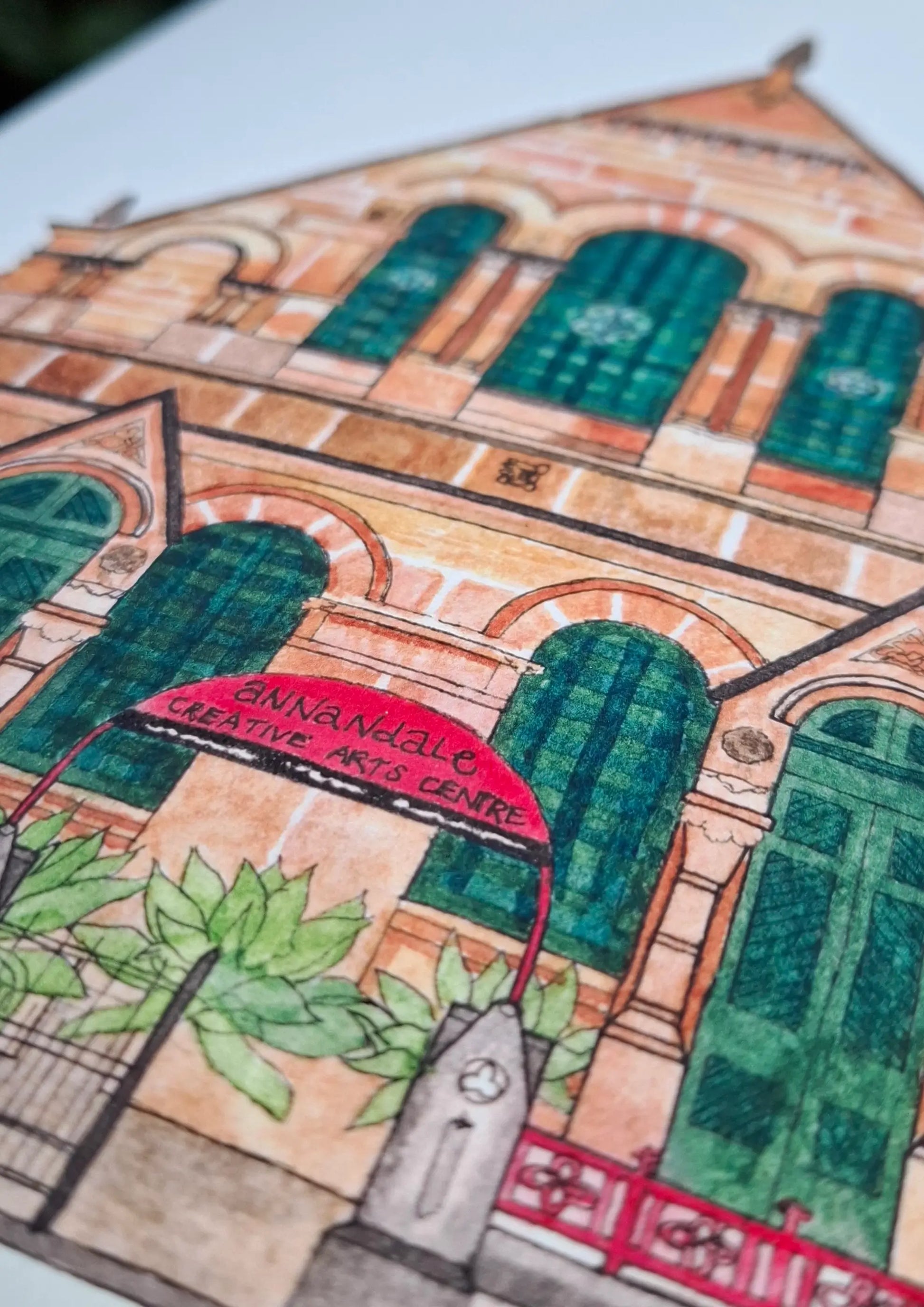 Close up of the print of ACAC illustration showing close up detail of iconic red sign at the front.